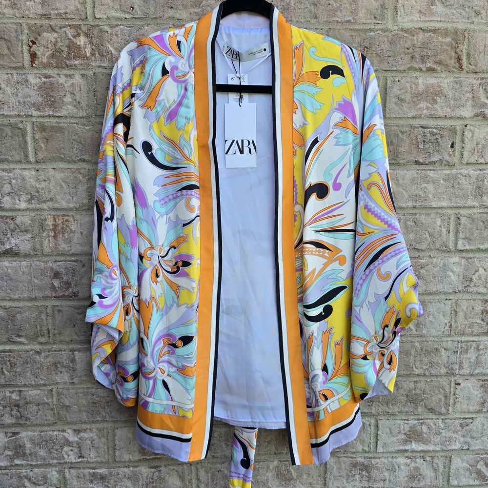 ZARA Printed Kimono Cardifan Top Yellow Lilac Womens Retro Blogger NWT Size XS
